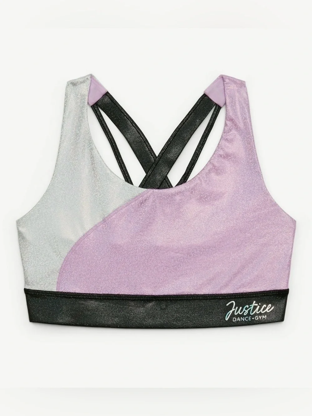 NWT: Justice Stretch Strappy Back Sports Bra for Girls Purple Black Dance Gym